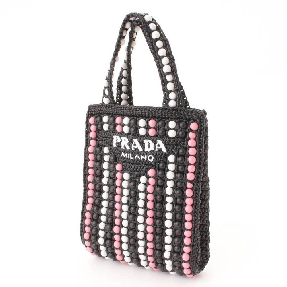 Prada Bead Tote Bag Raffia Handbag Wood Black